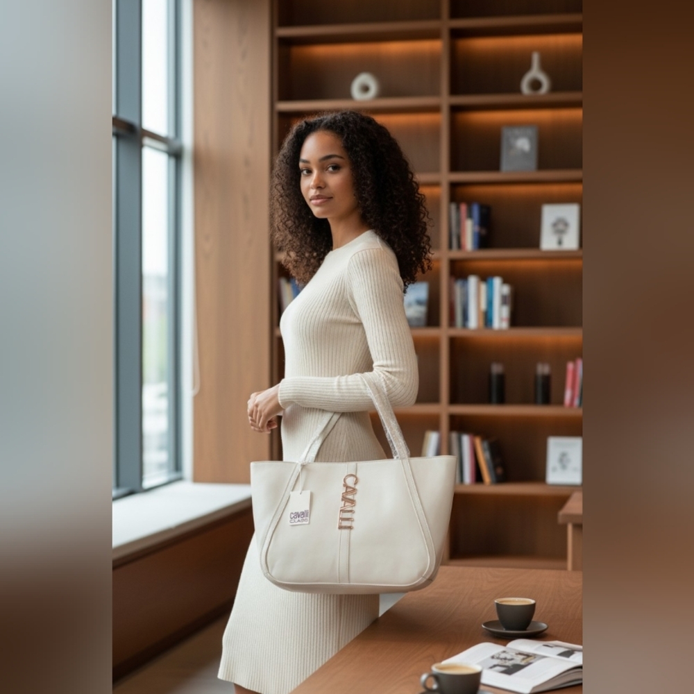 Cavalli Class Elegant White Tote Bag